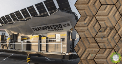 , Trashpresso, una planta de reciclaje móvil y solar que transforma residuos plásticos en baldosas