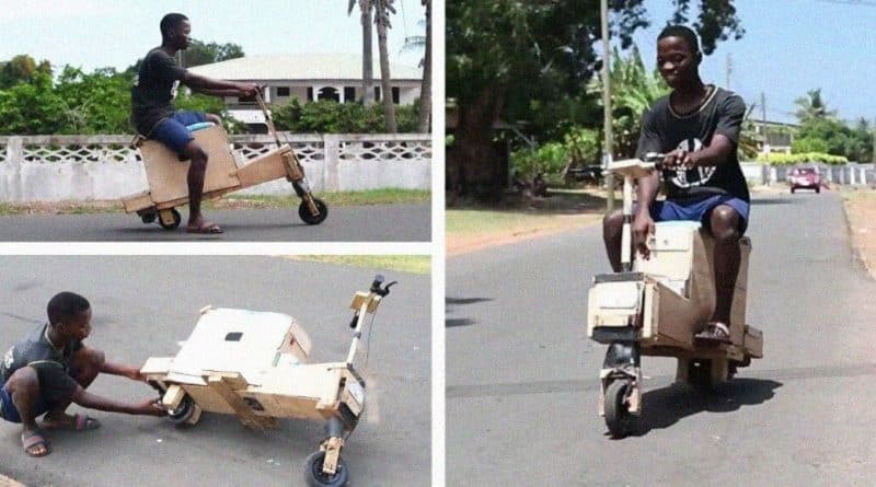 , Joven de 17 años fabrica una motocicleta eléctrica solar hecha con madera recuperada